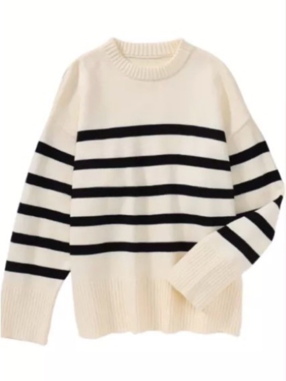 🩷 a new day Size L Cream Ribbed Crewneck Sweater with black stripes.